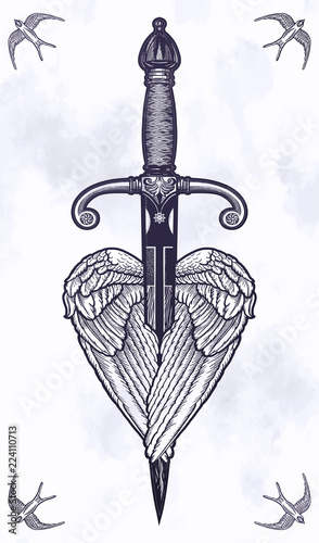 Traditional tattoo wings with knife.