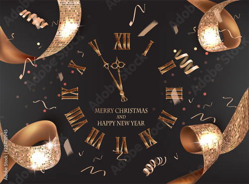 New year banner with golden textured ribbon and watch. Vector illustration