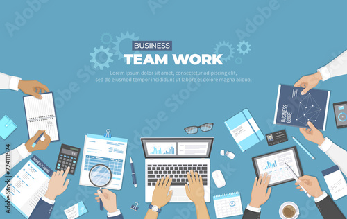 Business meeting and brainstorming. Office team work concept. Analysis, planning, consulting, project management. Businessman working together with documents, laptop, tablet, graphs, chart. Vector 