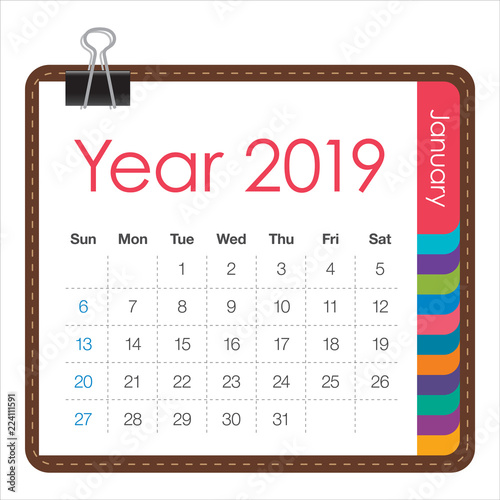 January 2019 monthly calendar vector illustration