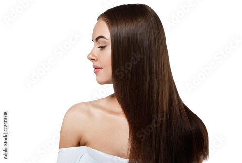 Woman with beautiful long hair isolated on white healthy and shine hairstyle