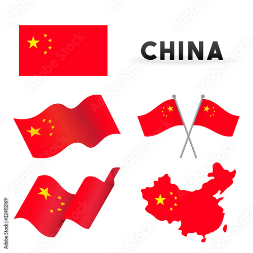 Set of The People's Republic of China Flags Vector illustration. Flags waving with China map isolated on white background.