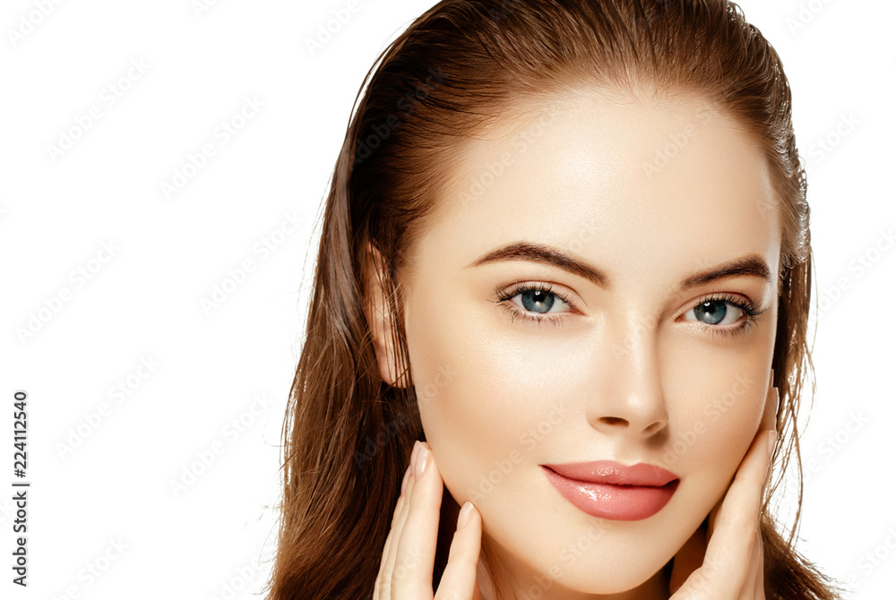 Fototapeta premium Beautiful face woman closeup isolated on white healthy skin