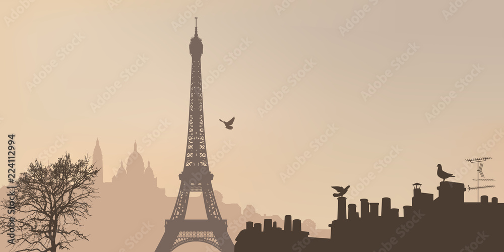 Fototapeta premium Widok na Paryż z Wieżą Eiffla i Butte de Montmartre z Sacré-Coeur w mglisty dzień.