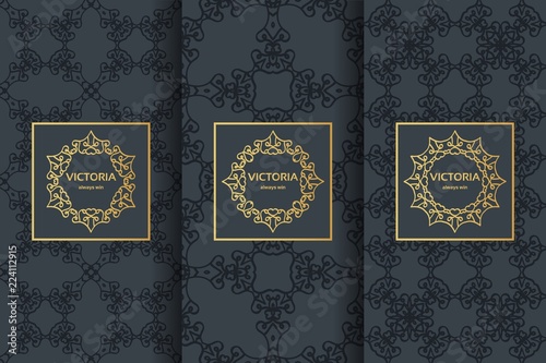 Collection of black backgrounds and golden elements. Set of labels, icons and seamless patterns. Templates with luxury foil for packaging