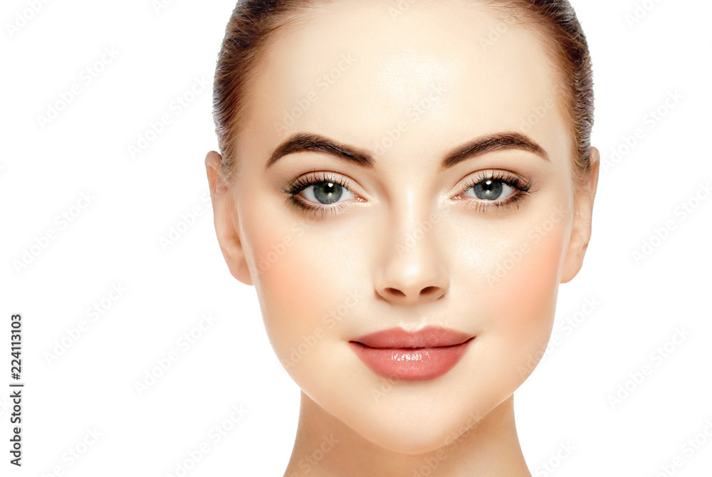 Beautiful face woman close up with healthy skin isolated on white - obrazy, fototapety, plakaty 