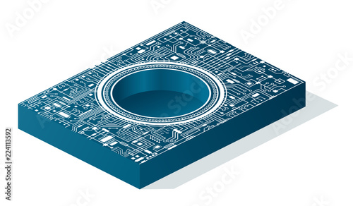 Blue computer circuit board. Isometric vector illustration isolated on white background.