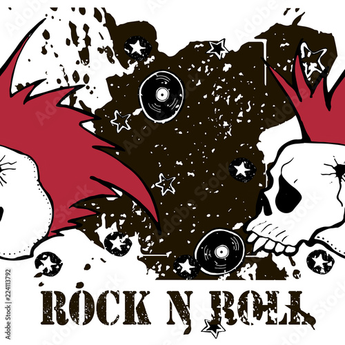 Grunge texture background , text Rock n Roll. Skull and bones. Punk rock character vector illustration.