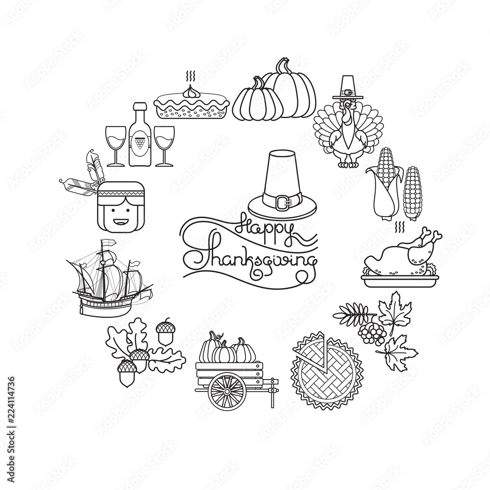 Vector set of linear cartoon icons for Thanksgiving.