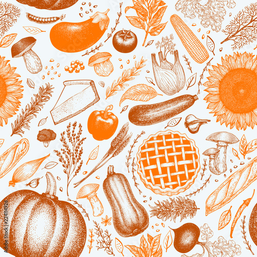 Happy Thanksgiving Day seamless pattern. Vector hand drawn illustrations. Thanksgiving backdrop in retro style with harvest, vegetables, pastry, bakery. Autumn background.