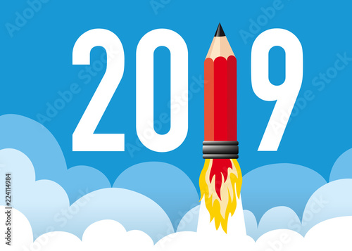 Illustration d’une fusée en forme de crayon qui décolle en symbolisant l’énergie et la volonté d’une entreprise pour réussir et atteindre ses objectifs de l’année 2019