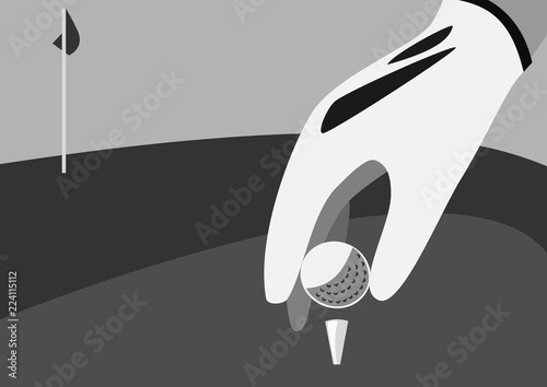 Tee box of golf with hand ball golf club black and white