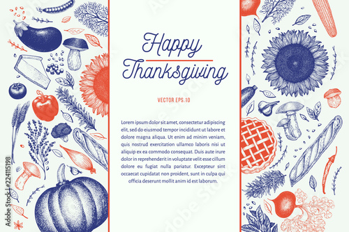 Happy Thanksgiving Day design template. Vector hand drawn illustrations. Greeting Thanksgiving card in retro style. Frame with harvest, vegetables, pastry, bakery. Autumn background.