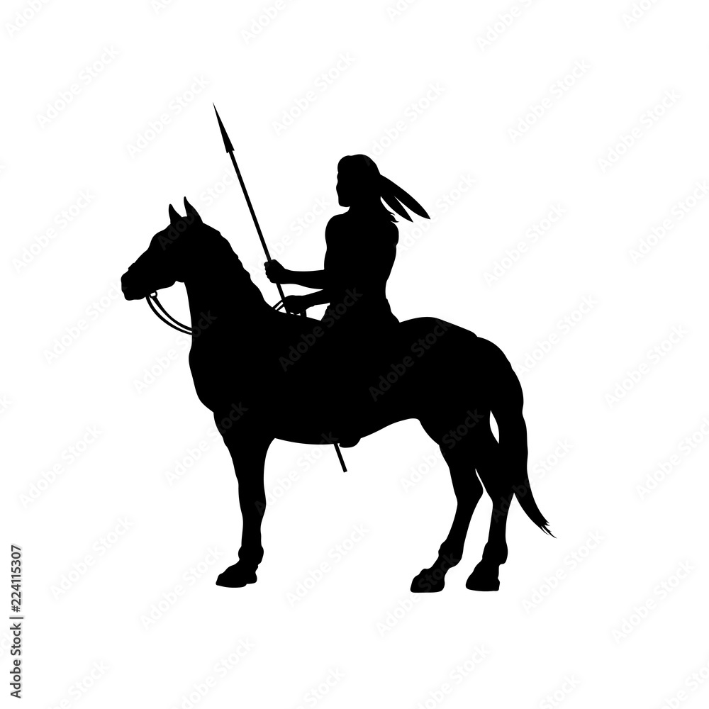 Black silhouette of indian on horse. Isolated image of western rider ...