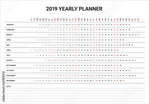 Year 2019 calendar vector design template