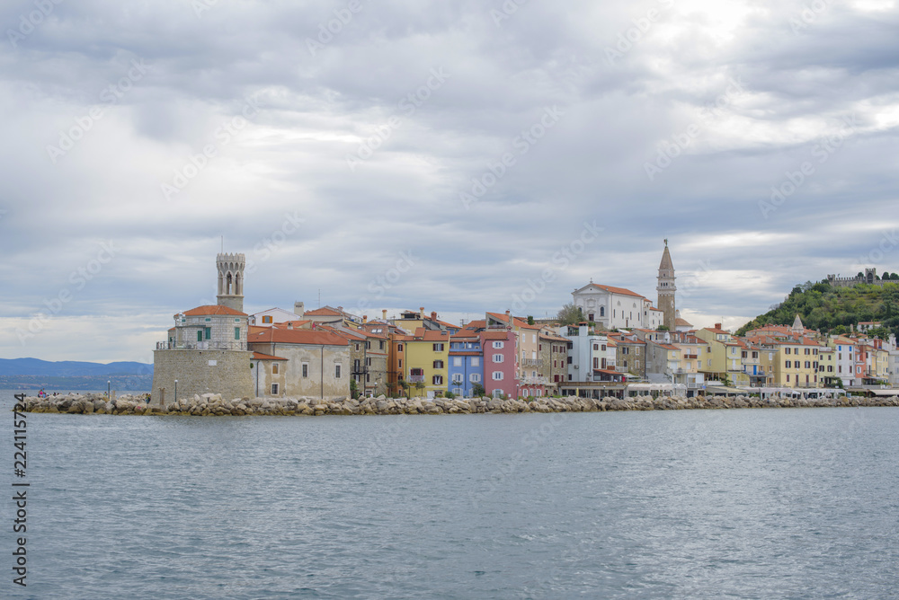 view from the sea on the Slovenian city Piran