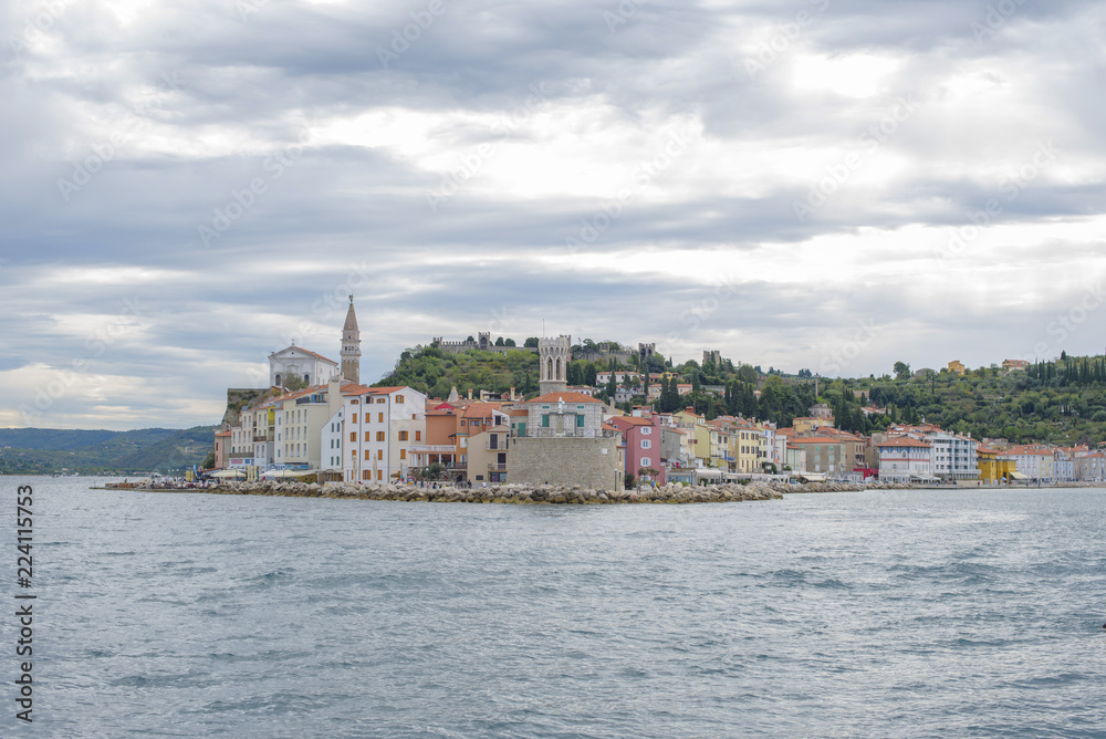 view from the sea on the Slovenian city Piran