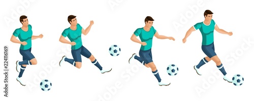 Isometrics Soccer player. Playing football, the player beats the ball, running, attack, goalkeeper. The concept of the