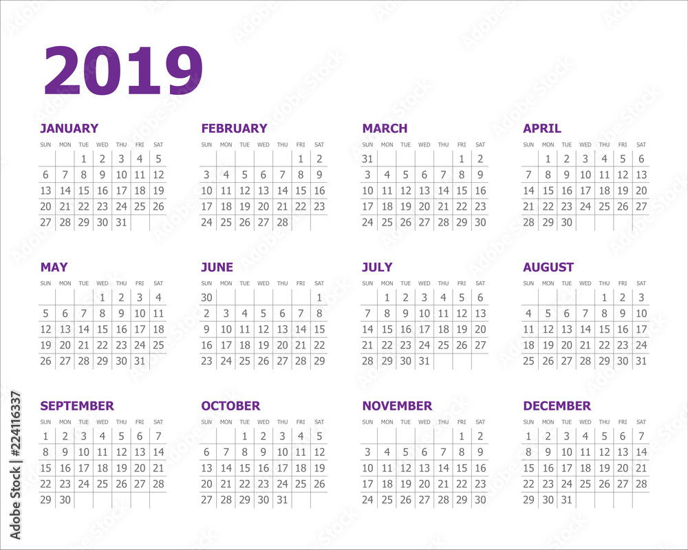 Year 2019 calendar vector design template Year 2019 calendar vector design template