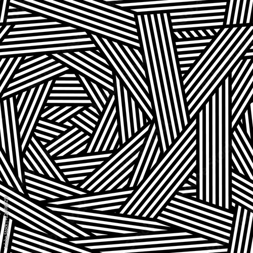 Black and white chaotic striped geometric seamless pattern, vector