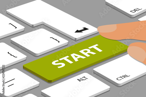 Green Start Button And Fingers On Computer Or Laptop Keyboard - Vector Illustration