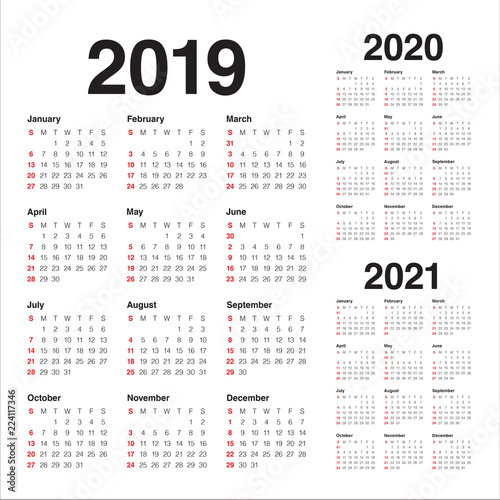 Year 2019 2020 2021 calendar vector design template