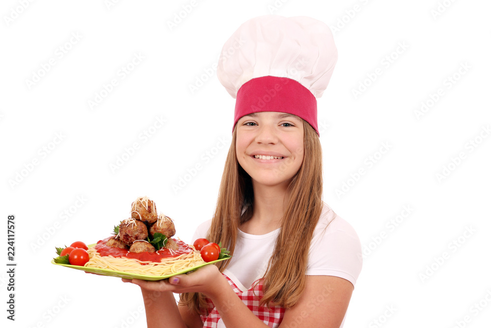 happy girl cook with spaghetti and meatballs on plate happy girl cook with spaghetti and meatballs on plate