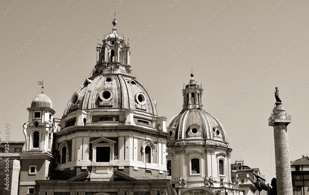 The Trajan column of Rome with the two great churches, Italy. Black and white photos.