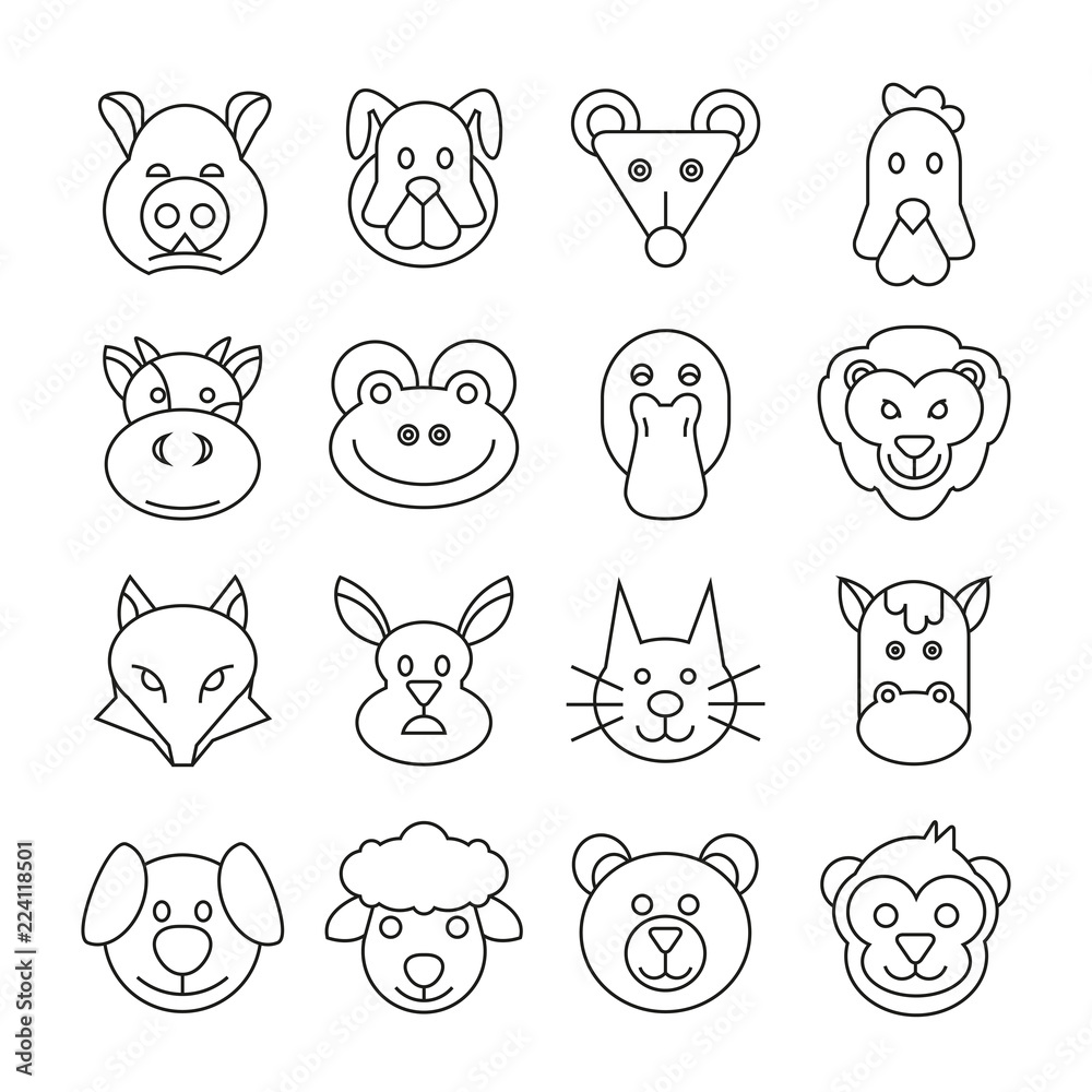animal head icons set in thin line style