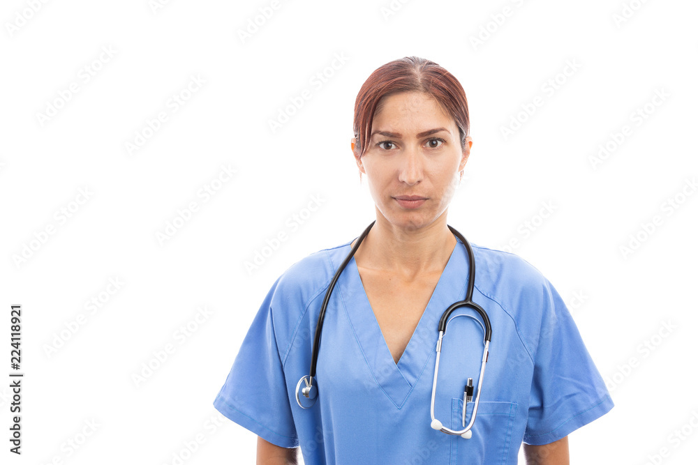 Portrait of woman female nurse or doctor wearing blue scrubs. Portrait of woman female nurse or doctor wearing blue scrubs.
