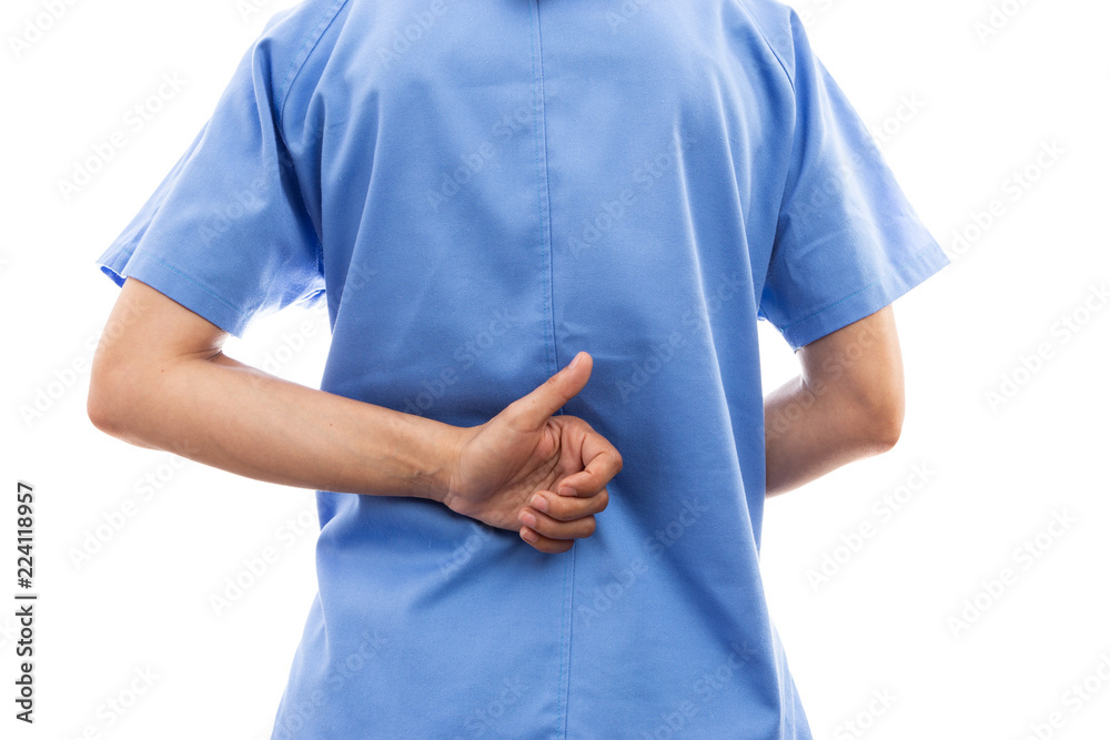 Rear view of female nurse or doctor back making thumbs up gesture. Rear view of female nurse or doctor back making thumbs up gesture.