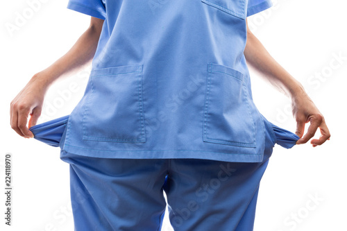 Closeup of broke female nurse hands pulling out empty pockets.
