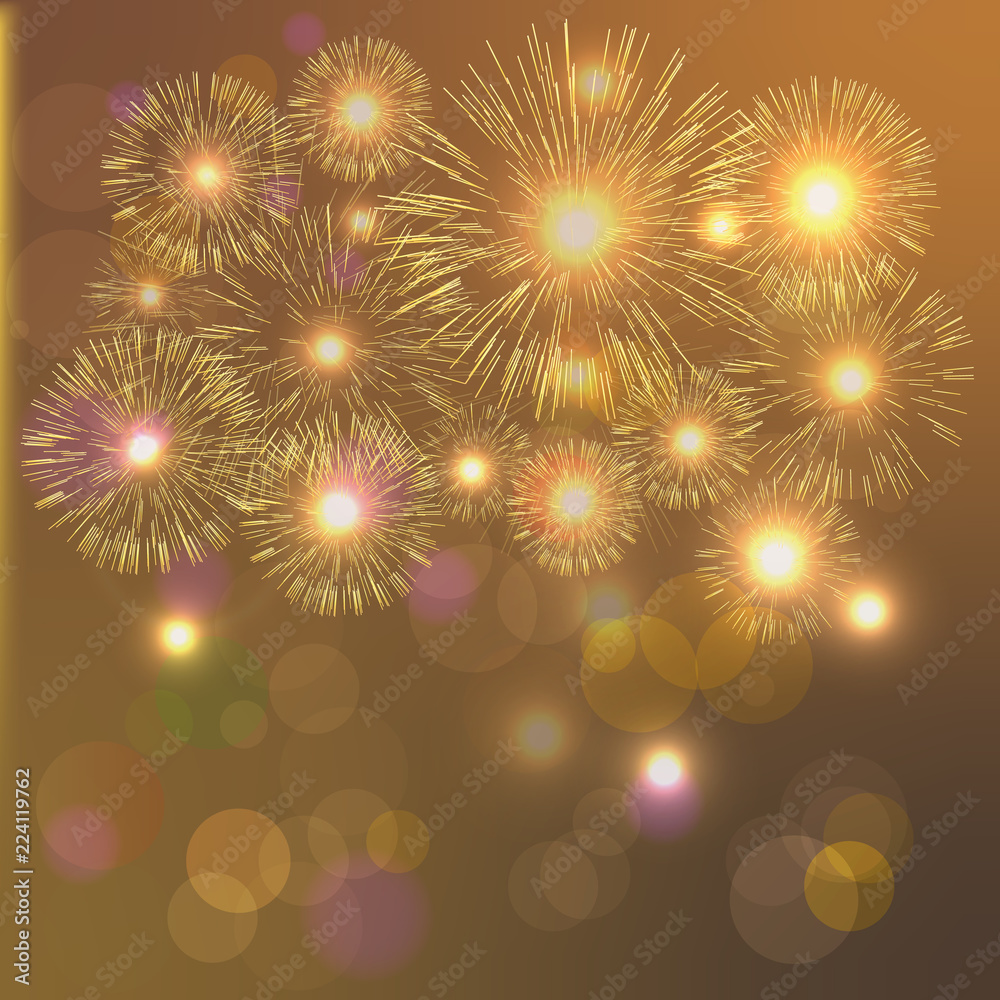 Light fireworks on red background. Abstract background with place for your text. Golden fireworks. Light fireworks on red background. Abstract background with place for your text. Golden fireworks.