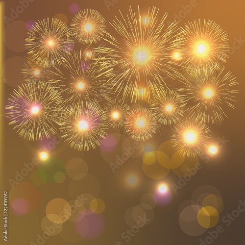 Light fireworks on red background. Abstract background with place for your text. Golden fireworks.