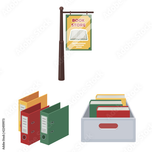 Library and bookstore cartoon icons in set collection for design. Books and furnishings vector symbol stock web illustration.