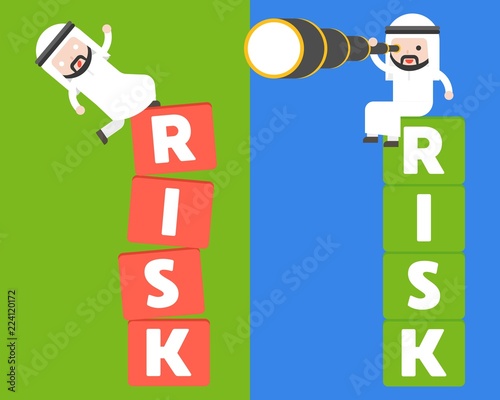 Cute Arab Saudi guy falling from block and sitting well on block with monocular, business situation vision and risk management concept