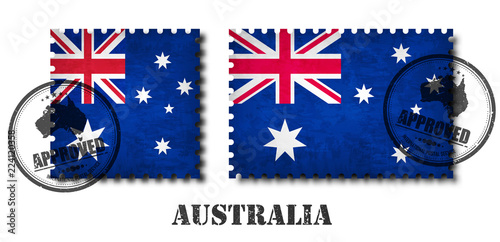 Australia or australian flag pattern postage stamp with grunge old scratch texture and affix seal on isolated background . Black color country name with abrasion . Square and rectangle shape .