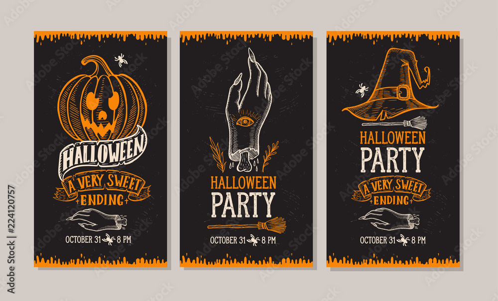 Fototapeta premium Halloween party invitation with hand-drawn illustrations.