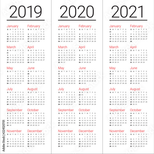 Year 2019 2020 2021 calendar vector design template