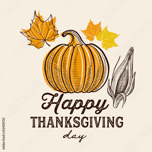 Happy thanksgiving day background with lettering and illustrations.