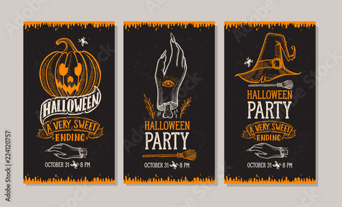 Halloween party invitation with hand-drawn illustrations.