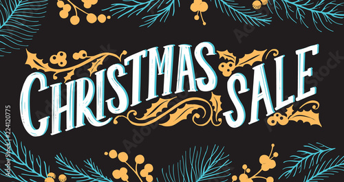 Christmas sale chalkboard background with holiday decorations.
