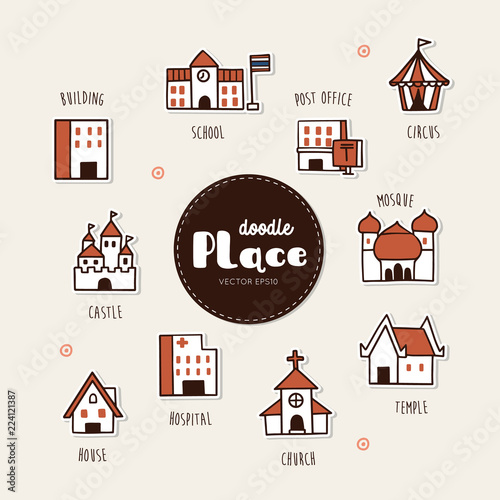 Place hand drawn doodle icons set.