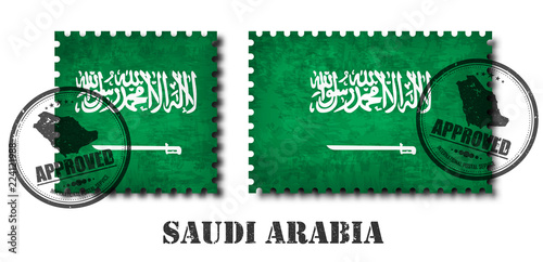 Saudi arabia flag pattern postage stamp with grunge old scratch texture and affix a seal on isolated background . Black color country name with abrasion . Square and rectangle shape . Vector