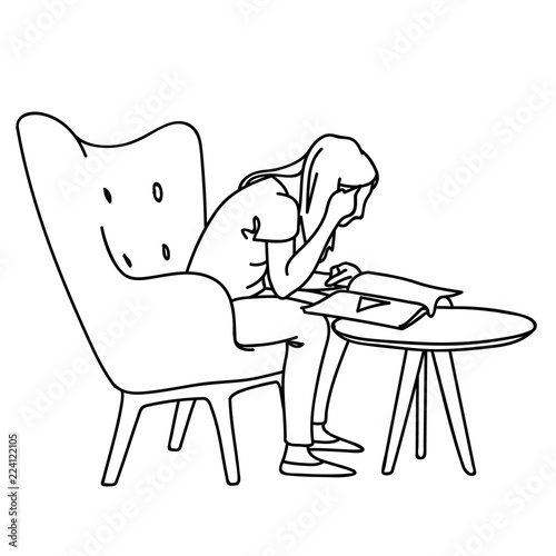 A woman sitting on soft armchair in front of coffee table, reading magazine. Vector illustration of girl closely peering into book. Concept. Sketch. Line art. Black lines on white background