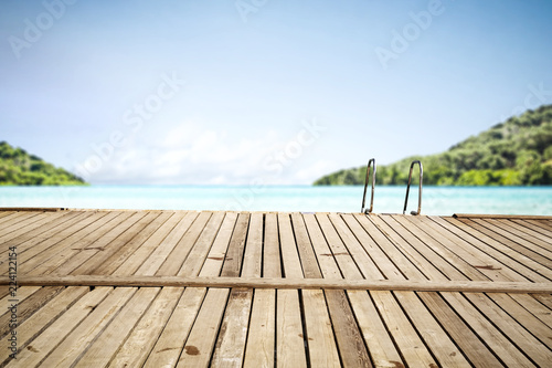 wooden pier background and free space for your decoration. Summer sea landscape. 