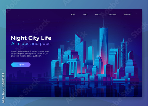 Night city illustration. Landing page concept. Modern city landscape on a dark background with glowing lights. Eps10 vector