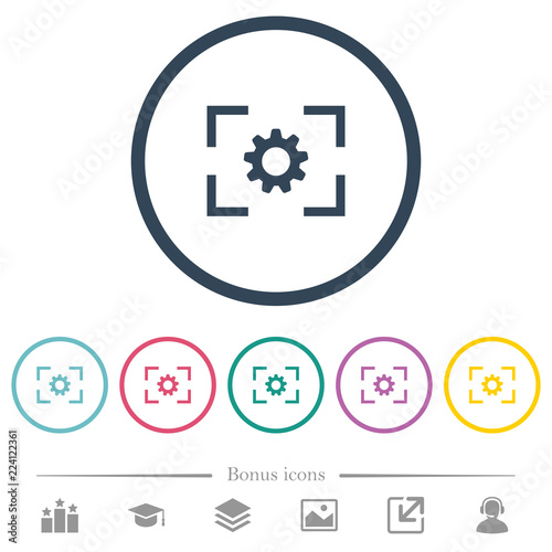 Camera setting flat color icons in round outlines