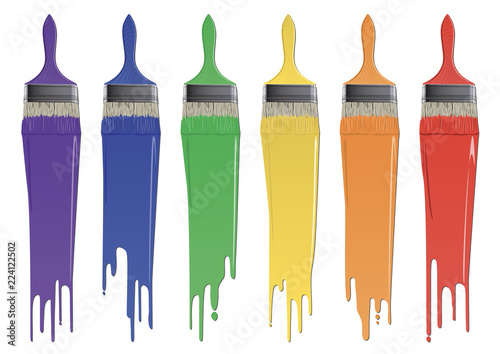 set of rainbow colors brushes with paint