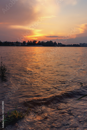 colorful sunset on the Neva river as a natural background